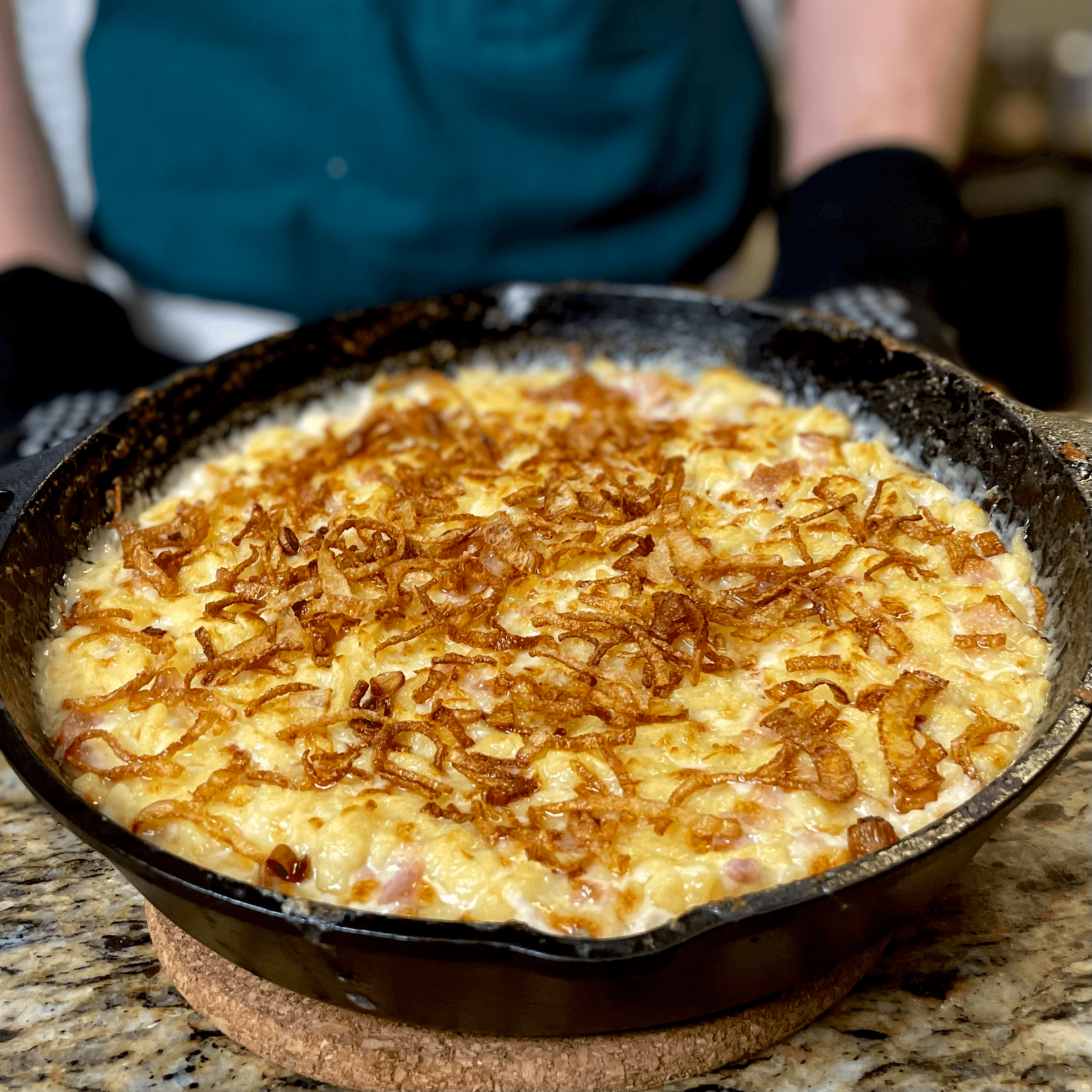 Authentic German Cheese Spatzle from Scratch with Bacon and Crispy Onions
